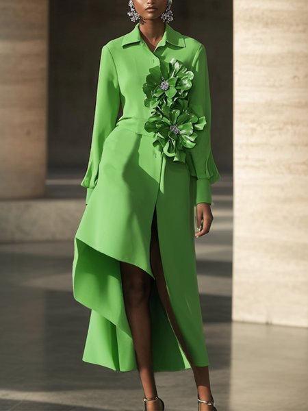 Elegant Plain Shirt Collar Midi Dress With 3D Floral Brooch And Belt, Green, Midi Dresses