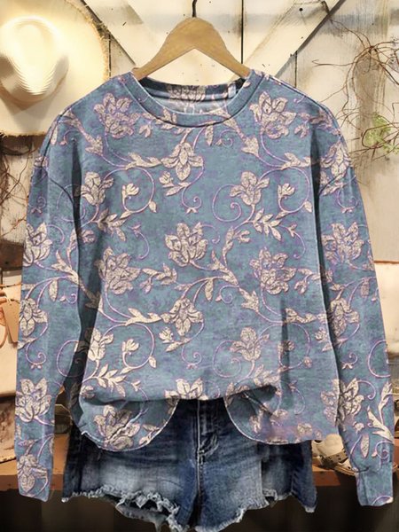 

Casual Crew Neck Floral Sweatshirt, Blue, Hoodies & Sweatshirts