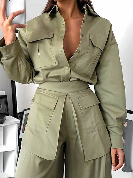 

Casual Plain Pockets Shirt, Green, Blouses and Shirts