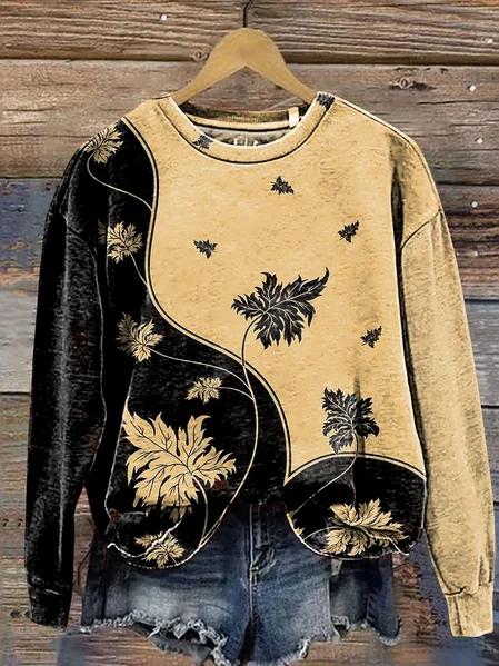 Leaf Print Long Sleeve Crew Neck Sweatshirt, Yellow, Hoodies&Sweatshirts