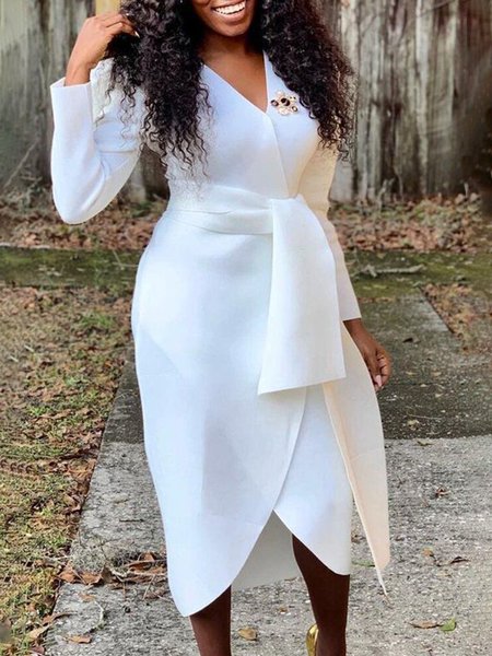 Elegant Plain Midi Dress With Brooch, White, Midi Dresses