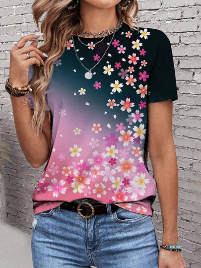 

Casual Floral Crew Neck Short Sleeve T-shirt, Pink, T-shirts
