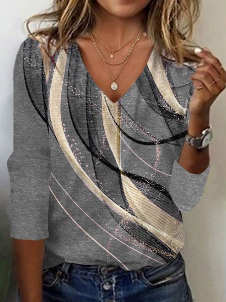 Casual Geometric V Neck Long Sleeve T-shirt, Gray, T-shirts