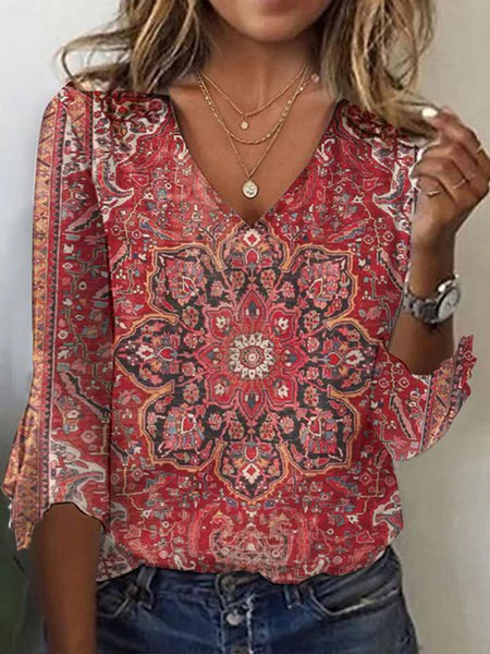 

Casual Ethnic V Neck Three Quarter Sleeve T-shirt, Red, T-shirts
