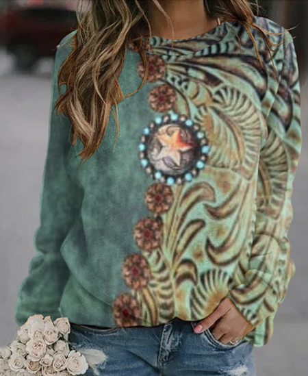 

Rural denim color blocked round neck sweatshirt, Green, Hoodies&Sweatshirts