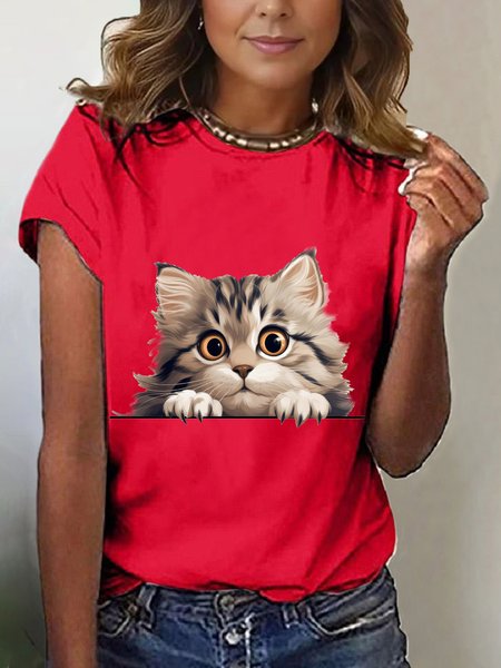

Women's Short Sleeve T-shirt Summer Black Cat Cotton-Blend Crew Neck Daily Going Out Casual Top, Red, T-shirts