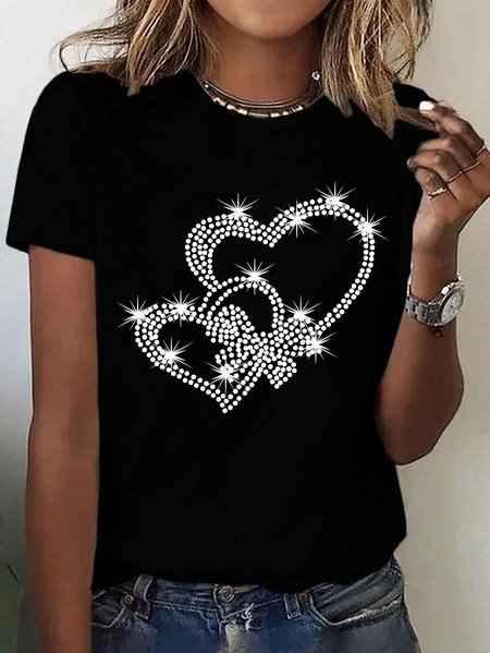 

Women's Valentine's Day Heart Rhinestone Short Sleeve T-shirt, Color2, T-Shirts