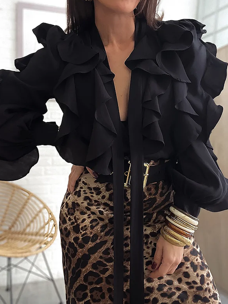 Elegant Plain Peplum Ruffle Sleeve Blouse, Black, Blouses and Shirts