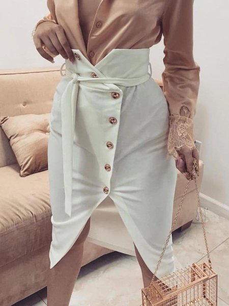 

Elegant Buttoned Plain Skirt, White, Skirts