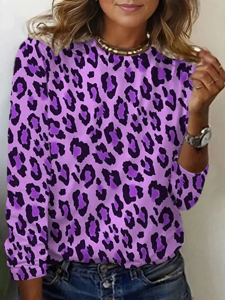 

Women's Long Sleeve Tee T-shirt Spring/Fall Leopard Jersey Crew Neck Daily Going Out Casual Top, Purple, T-Shirts