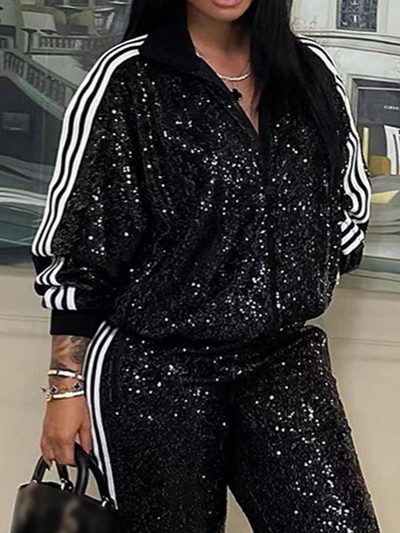 

Casual Color Block Shawl Collar Glitter Jacket, Black, Jackets