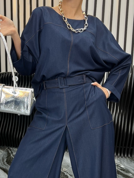 Casual Plain Faux Denim Top, Denim blue, Tops