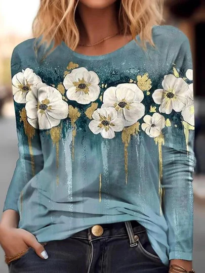 

Casual Floral Crew Neck Long Sleeve T-shirt, Green, T-shirts