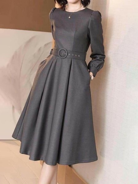 

Urban Plain Crew Neck Midi Dress With Belt, Gray, Midi Dresses