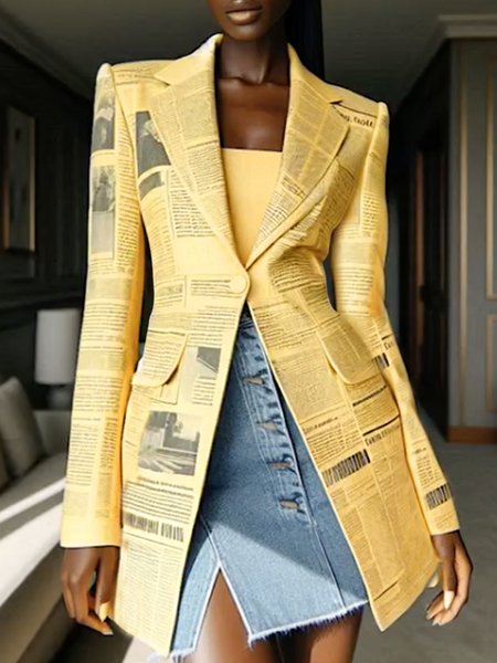 

Casual Random Print Lapel Collar Blazer, Yellow, Blazers