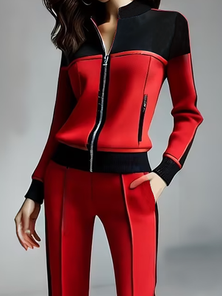 Casual Color Block Zipper Jacket, Red-black, Jackets