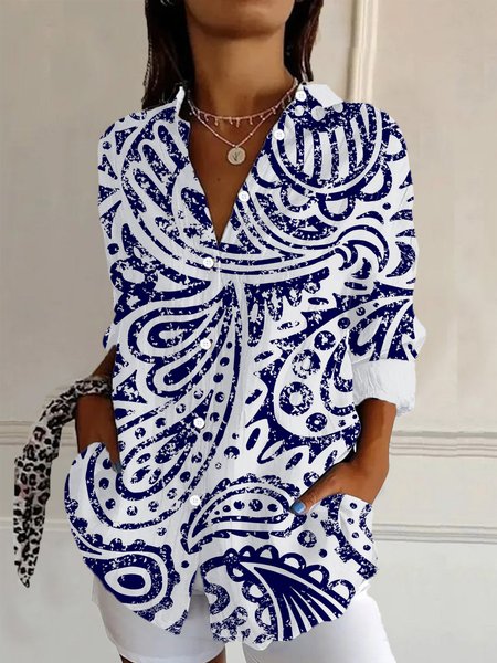 

Ethnic Print Long Sleeve Shirt, Blue, Blouses