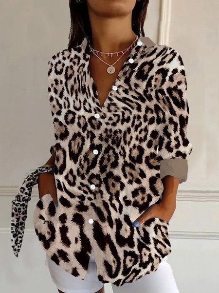 

Leopard Print Long Sleeve Shirt, Khaki, Blouses