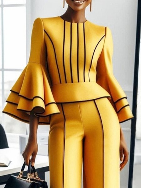 

Urban Color Block Crew Neck Ruffle Sleeve Blouse, Yellow, Blouses and Shirts