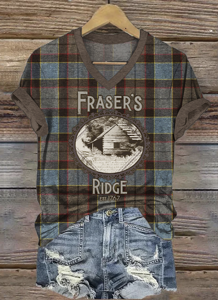 

Vintage Plaid V Neck Short Sleeve T-shirt, Brown, T-shirts