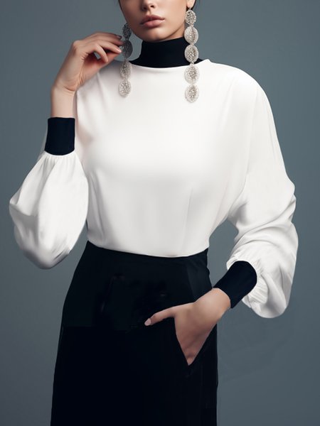 

Elegant Color Block Split Joint Mock Neck Balloon Sleeve Blouse, Black-white, Blouses and Shirts