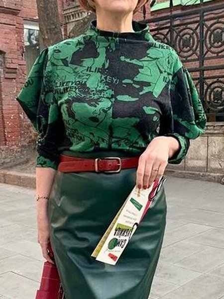 

Urban Random Print Printing Stand Collar Raglan Sleeve Blouse, Green, Blouses and Shirts