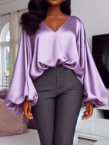 

Elegant Plain V Neck Balloon Sleeve Blouse, Purple, Blouses and Shirts