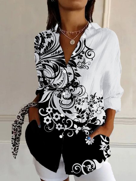 

Shirt Collar Long Sleeve Floral Regular Loose Shirt For Women, Black, Shirts