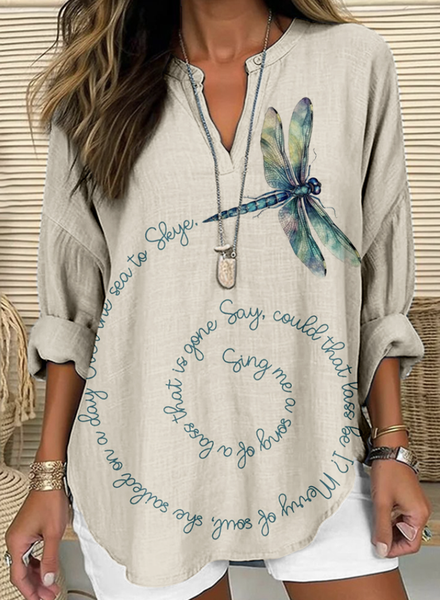 

TV dragonfly V-neck casual long sleeved shirt, Apricot, Blouses & Shirts