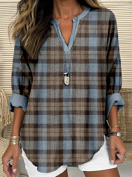 Retro plaid small V-neck casual long sleeved shirt, Brown, Blouses