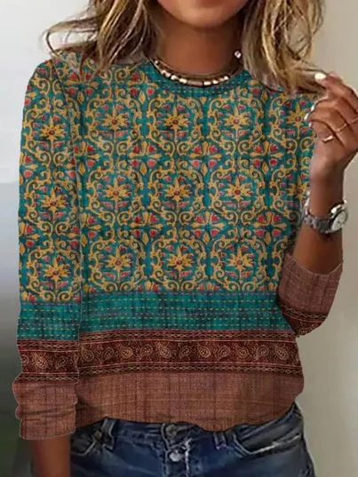 Casual Ethnic Crew Neck Jersey T-Shirt, Green, Long sleeves