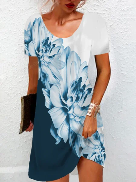 

Women's Short Sleeve Summer Floral Jersey Dress Crew Neck Vacation Going Out Casual Mini H-Line TUNIC, Blue, Dresses