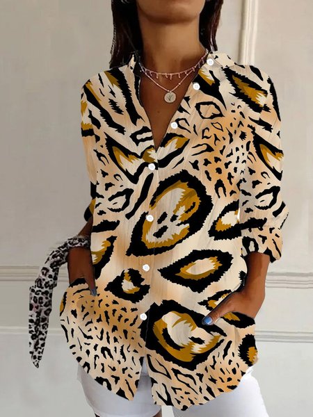 Leopard Print Long Sleeve Shirt, Brown, Blouses