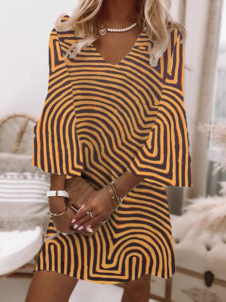 

Women Geometric V Neck Three Quarter Sleeve Comfy Casual Mini Dress, Yellow, Dresses