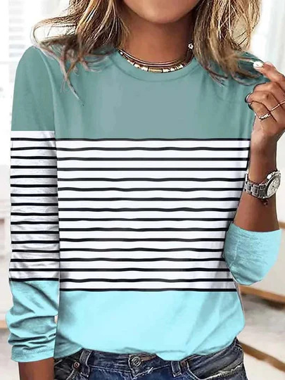 

Casual Striped Crew Neck Long Sleeve T-shirt, Green, T-shirts