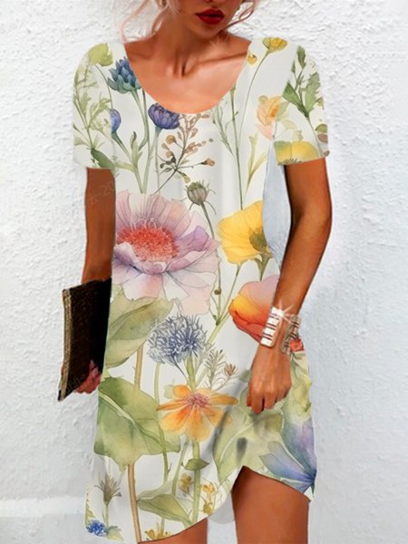 Floral Print Short Sleeve Round Neck Dress, White, Midi Dresses