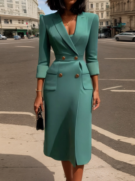 

Urban Plain Buttoned Lapel Collar Knee Length Dress, Green, Maxi Dresses