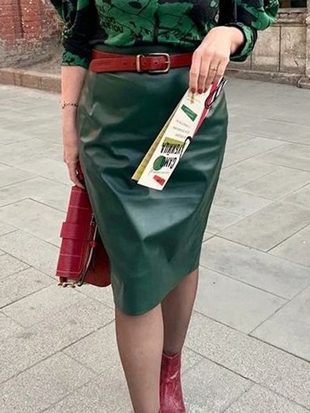 

Urban Plain Midi Faux Leather Skirt With No Belt, Green, Skirts