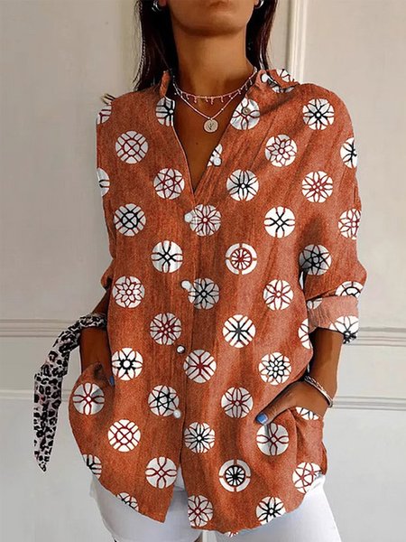 

Shirt Collar Long Sleeve Floral Regular Loose Shirt For Women, Orange red, Shirts