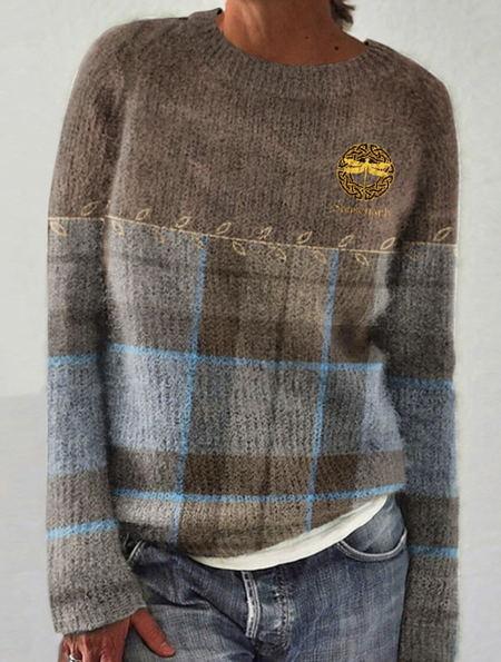 

Retro checkered color blocked golden dragonfly round neck sweater, Brown, Sweaters