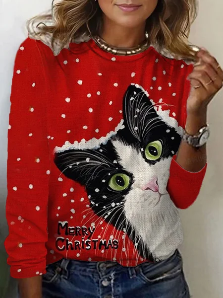 

Contrast Print Long Sleeve Crew Neck T-shirt, Red, Long sleeves