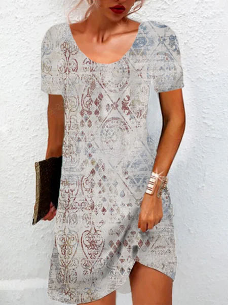

Women's Short Sleeve Summer Ethnic Jersey Dress Crew Neck Vacation Going Out Casual Mini H-Line TUNIC, White, Dresses