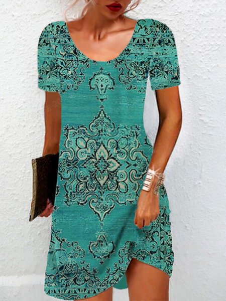 

Women's Short Sleeve Summer Ethnic Jersey Dress Crew Neck Vacation Going Out Casual Mini H-Line TUNIC, Green, Dresses