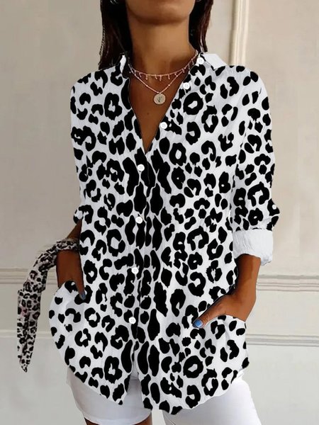 Leopard Print Long Sleeve Shirt, Black, Blouses