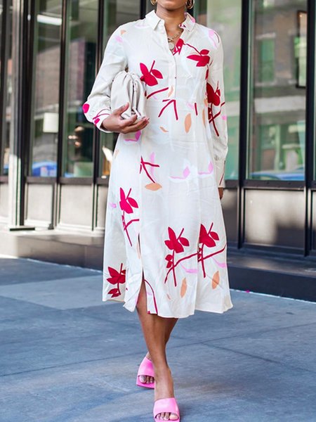 Urban Floral Shirt Collar Midi Dress, As picture, Midi Dresses