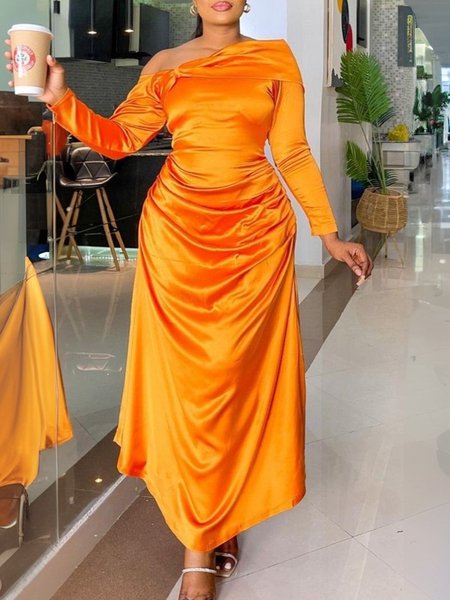 

Elegant Plain Off Shoulder Sleeve Asymmetrical Maxi Dress, Orange, Midi Dresses