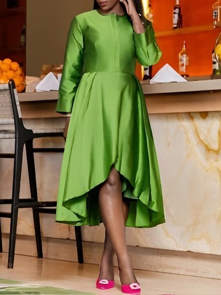 Elegant Plain Crew Neck Midi Dress, Green, Midi Dresses