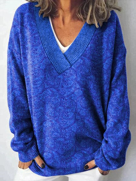 

Women Floral Long Sleeve Comfy Vintage Sweater, Deep blue, Sweaters