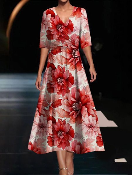 

Women's Short Sleeve Summer Floral Dress V Neck Daily Going Out Casual Maxi A-Line, Red, Dresses