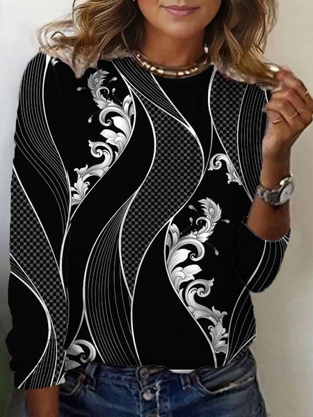 

Geometric Print Long Sleeve V-Neck T-shirt, Black, Long sleeves